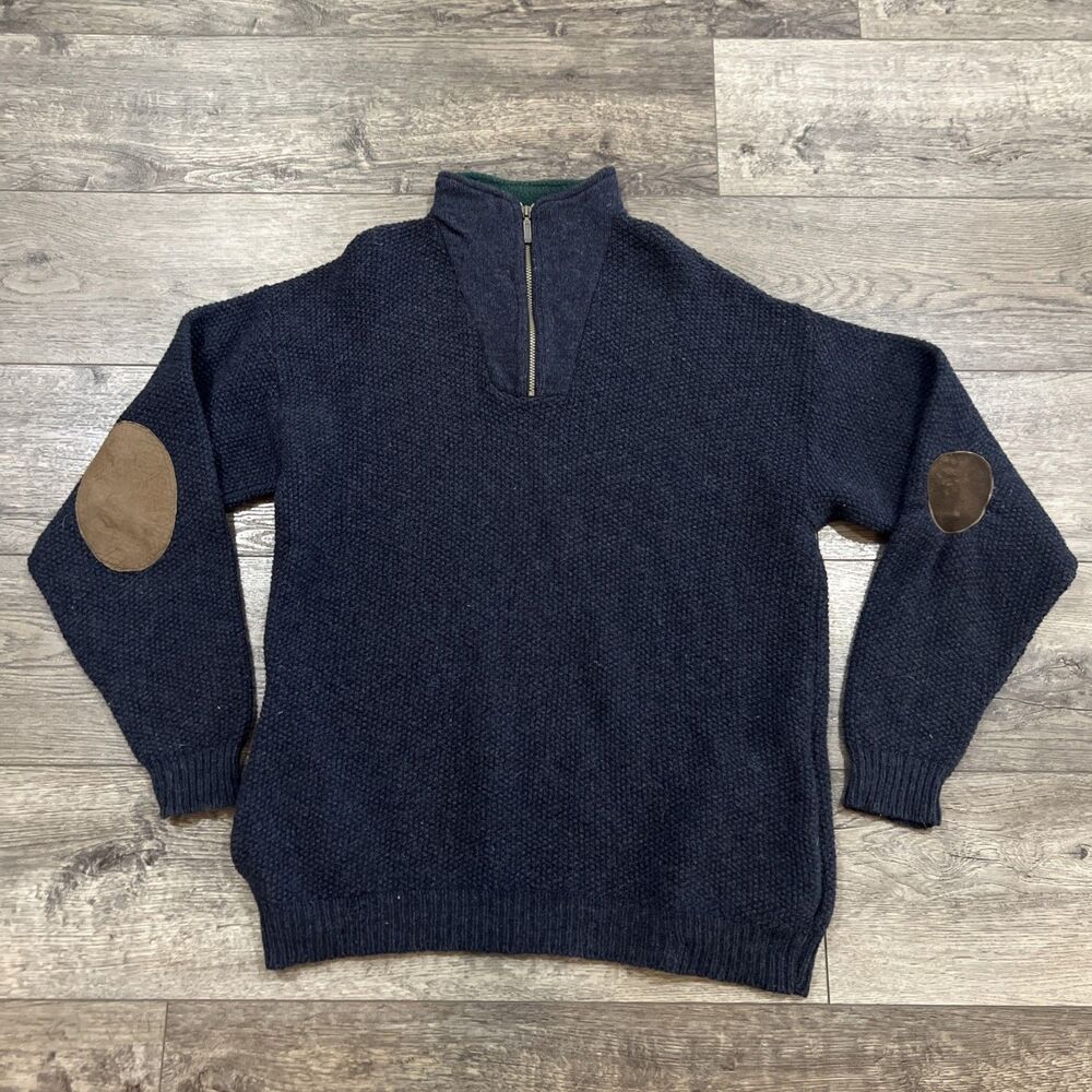 Vintage 80s REI Sweater Speckle Wool Blend 1/4 Zip Elbow Patches Blue - Men's XL